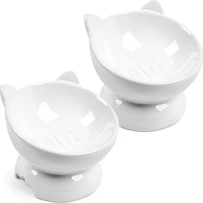 Zdjęcie produktu dla zestaw 2 ceramicznych misek na karmę dla kotów - Podwyższone, stabilne i bezpieczne - Miski na karmę dla kotów - Fishbone Design