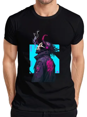 Zdjęcie produktu dla Cyberpunk, motyw "Oni Totenkopf", kultura uliczna, neon, Japonia, styl Y2K, synthwave, męska koszulka, czarna, rozmiar L