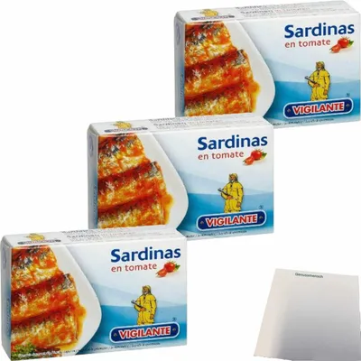 Produktbild von Vigilante Sardinen in Tomatensauce, Sardinas en tomate 3er Pack (3x120g Dose) + usy Block