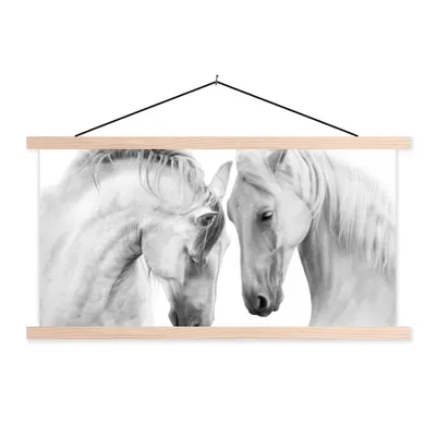 Produktbild von MuchoWow® Textilposter Pferd - Tiere - Porträt - Weiß 120x60 cm mit holzfarbenen Rahmen - Klemmleiste