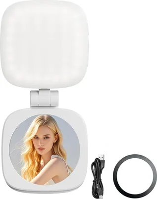 Produktbild von LED-Selfie-Aufhellleuchte, Vier Lichtmodi, Fünf Helligkeitsstufen, 850-mAh-Akku – Bis zu 90 Minuten Dauerbetrieb, Integrierter Schminkspiegel