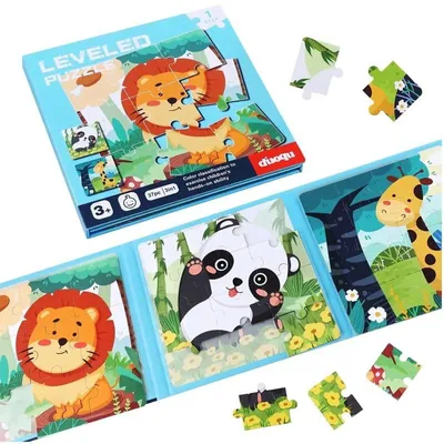Zdjęcie produktu dla Magnetyczne Puzzle - Dzikie Zwierzęta - Książka 3 w 1 - Poziom 1 - Zabawka podróżna od 3 lat