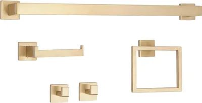 Immagine prodotto di Accessori da bagno - Set da 5 pezzi - Acciaio inossidabile - Portasciugamani e anello - Portarotolo - Gancio - Montaggio a parete - Oro