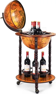 Zdjęcie produktu dla KOMFOTTEU Wózek barowy Globus, minibar na kółkach, stojak na wino o klasycznym designie, szafka barowa koktajlowa 47×47×90cm na wino, napoje