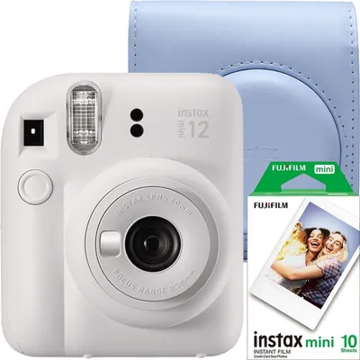 Image de Fujifilm Instax Mini 12 appareil photo instantané, blanc argile avec couverture bleue et 1x10 film