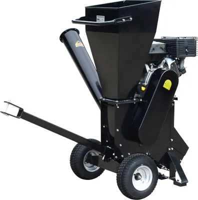 A black chipper shredder with two wheels and a tow bar, shown against a white background.