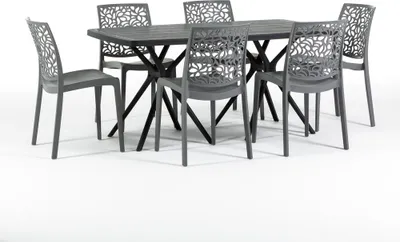 Immagine prodotto di Set da pranzo per esterni con tavolo rettangolare 158x84 cm e 6 sedie impilabili in resina rinforzata con fibra di vetro - design moderno e colorato, ideale per giardino, terrazza e veranda - OLIVER+ANNA - Grigio scuro/antracite