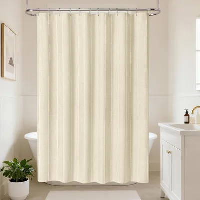 Image de Rideau de douche bohème à rayures, 182x182 cm, beige