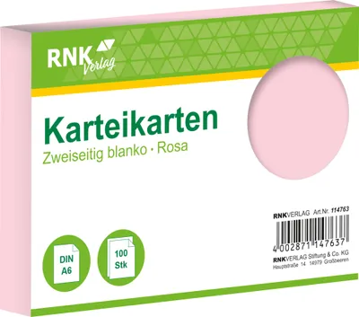 Obrázok produktu pre RNK Verlag 114763 Indexové karty - DIN A6, prázdne, ružová farba, 100 kariet