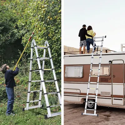 Produktbild von Teleskopische Klappleiter - Teleskopische Leitern - Soft Close - Arbeitshöhe 2,5+2,5 m - silberfarben mit Stabilisator + Rädern