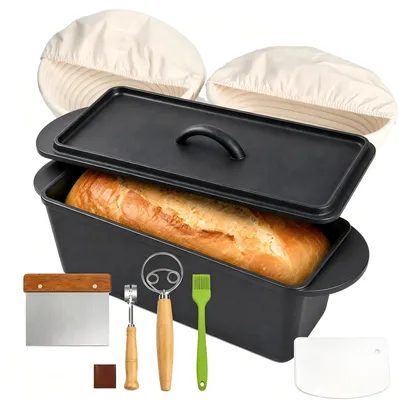 Produktbild von Brotbacktopf+Gärkörbchen 28 cm Gusseisen Topf Brotteig Brotbackform mit Deckel