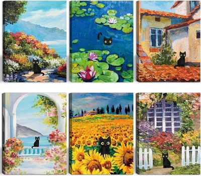 6er-Set Katzenposter mit Rahmen, 20x25 cm, lustige Katzen-Wandbilder