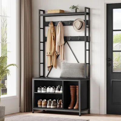 Produktbild von Garderobe mit Sitzbank 5-in-1, 17 Haken, Schuhregal und Schubladen, Schwarz