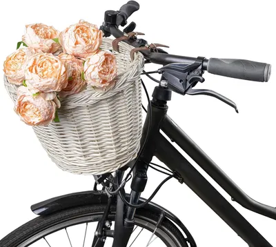 Zdjęcie produktu dla Creative Home Wiklinowy Kosz Rowerowy z paskami | 36x29x23 cm (+/-2 cm) | Biały |ręcznie pleciony | naturalny brąz | łatwy montaż