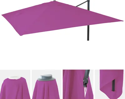 A purple cantilever umbrella is shown from above, with close-up shots of its details below.