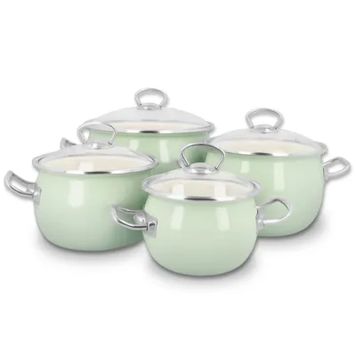 A set of four pastel green enamel pots with silver rims and glass lids, arranged on a white background.