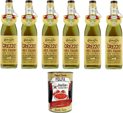Produktbild von Costa d'Oro Il Grezzo Olio extra vergione di oliva, Extra Natives Olivenöl - Ungefiltertes & Kaltgepresstes 6x 750ml + Italian Gourmet polpa 400g
