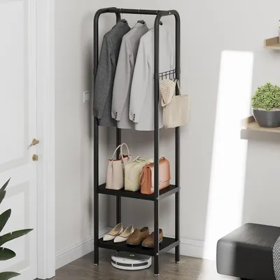 Produktbild von Metallischer Kleiderständer - Kleiderbügel - Zur Organisation von Fluren - Mit Ablagefläche und Haken - 33 x 42 x 175 cm - Schwarz