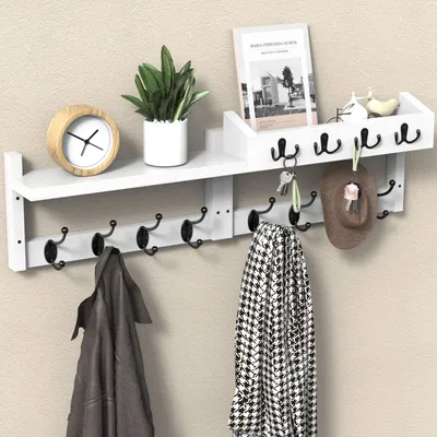 Produktbild von Verdego Wandgarderobe aus Holz mit 8 Haken und 4 Schlüsselhaken, Wandregal mit Ablage, Minimalistisch für Flur und Schlafzimmer, Weiß