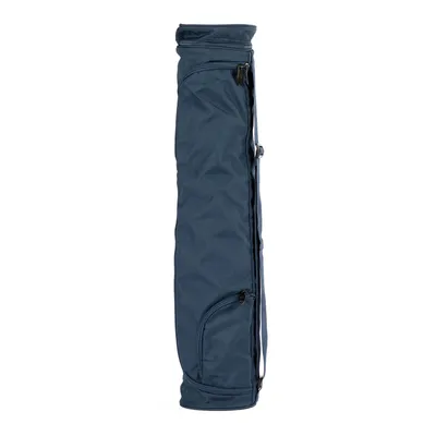 A dark blue yoga mat bag is shown standing upright against a white background.