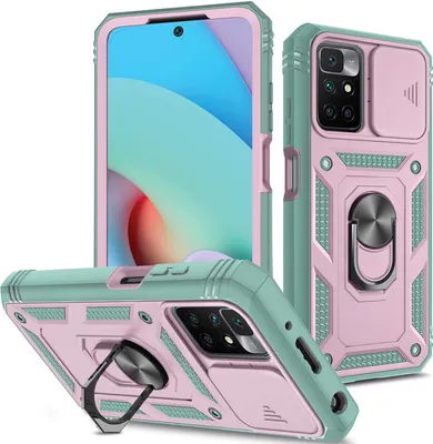 Produktbild von Redmi 10 Hülle, Schiebe Kamera Schutz Robust Schutzhülle mit Ringhalterung Ständer Kartenhalter für Xiaomi Redmi 10 Pink