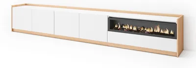 Produktbild von TV-Schrank, Lowboard, 310x37x50cm, Für TV-Geräte bis zu 80", Elektrokamin., Weiß und Eiche Soft
