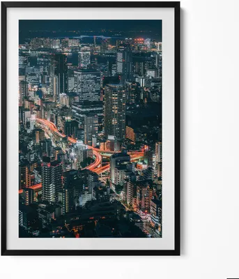 Produktbild von Stadt bei Nacht aus der Vogelperspektive– Wandbild mit Rahmen – Gerahmtes Bild  – Wanddekoration – 70x100 cm –  Schwarz Rahmen