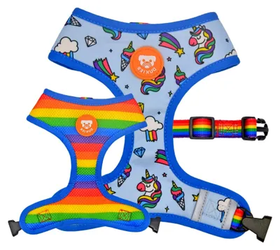Produktbild von Wendbares Geschirr für Hunde, Zugsicherung, atmungsaktiv und reflektierend, aus Neopren und Mesh, verstellbar, Einhorn-Design, Größe L