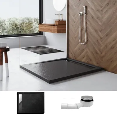 Produktbild von ECOLAM Duschwanne Duschtasse Duschbecken flach West Black Rechteck 100x120 cm Höhe 5 cm Rinne Edelstahl Stein Effekt schwarz + Siphon