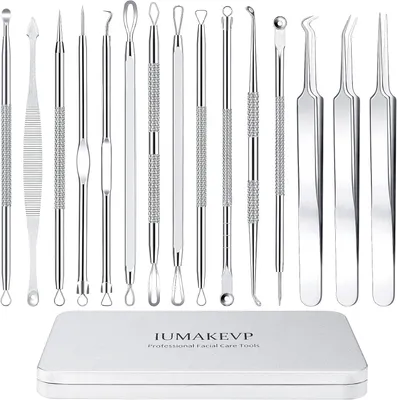 Obrázok produktu pre 15-dielna RVS Pimple Popper Sada, Comedon Extractor, pre Akné, Čierne Bodky, Biele Hlavy, Hygienické