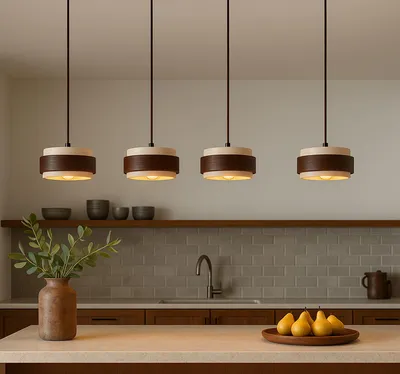 Image de Opviq, lustre rustique avec structure en bois, calotte en travertin Ø 12 cm, h. 12 cm, hauteur réglable de 16 à 146 cm, 4 x E27 max. 40 W, beige et noyer, IP20, idéal pour les pièces chaleureuses.