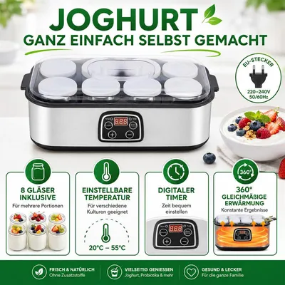 Produktbild von Joghurtbereiter digital, 8x180ml Gläser, 68-131°F, 48h Timer, Auto-Off, LED – probiotisch & zuckerfrei