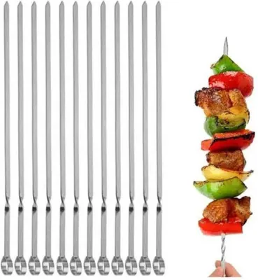 Produktbild von BBQBuddies Edelstahl Grillspieße – 12er Set BBQ Spieße wiederverwendbar mit Flachdesign & Aufhängeöse – ideal für Fleisch & Gemüse