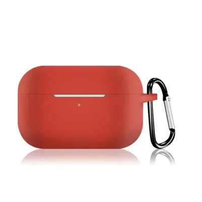 A red silicone case for wireless earphones with a silver and black carabiner clip attached.