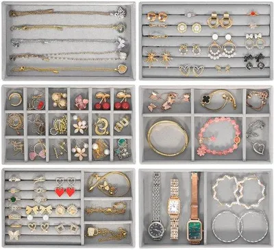 Produktbild von 6-teiliger Schmuckorganizer, grau, Samt, für Schmuck, Ringe, Ohrringe