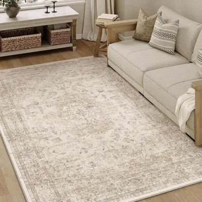 Productafbeelding van Wasbaar vloerkleed voor de woonkamer, 120x170 cm, vintage stijl, korte pool, beige, rechthoekig