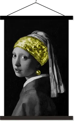 Produktbild von MuchoWow® Textilposter Mädchen mit einem Perlenohrring - Johannes Vermeer - Gelb 60x90 cm mit schwarzem Rahmen - Poster Wohnzimmer