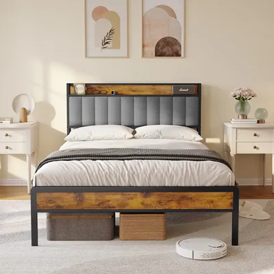 Produktbild von Bealife BF26 Doppelbetten, Standard-Plattform-Bettgestell, 220,5 x 140 x111cm, Metall-Bettgestell mit verstaubarem Kopfteil, stabil, Hell Grau