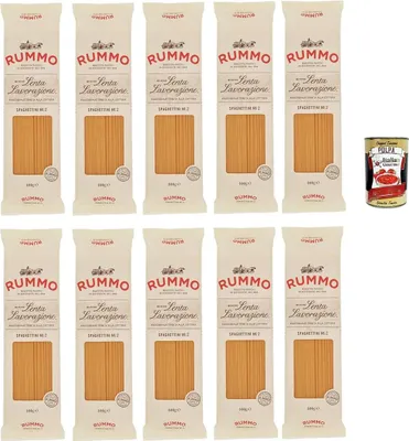 Produktbild von Rummo Spaghettini n° 2 Pasta Lenta Lavorazione Teigwaren aus Hartweizengrieß Bronze-Zeichnung 10x 500g + Italian Gourmet polpa 400g