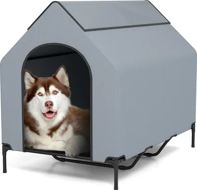 Produktbild von GOPLUS 2 in 1 Hundebett & erhöhte Hundehütte, Haustierbett Outdoor, wetterfestes Haustierhaus mit belüfteten Fenstern, 84 x 132 x 114 cm, Grau