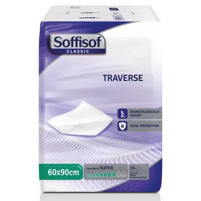 Zdjęcie produktu dla Soffisof Podkłady na nietrzymanie moczu Super 60x90 – Jednorazowe podkłady higieniczne – Opakowanie 15 sztuk, 8 kropli