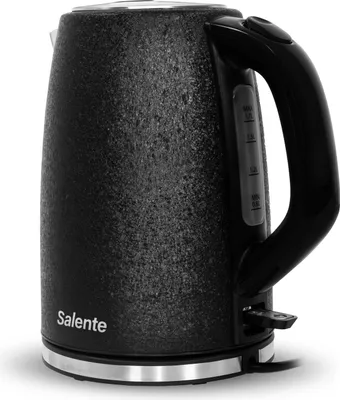 A black electric kettle with a textured finish and a silver base, shown on a white background.