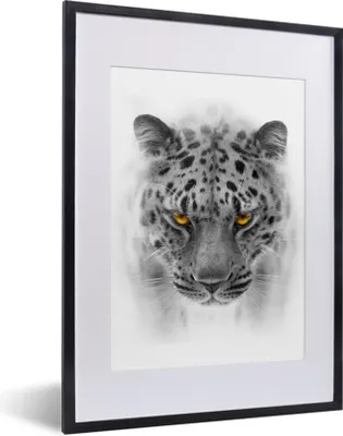 Produktbild von MuchoWow® Gerahmtes Poster Leopard - Schwarz - Weiß - Tier 30x40 cm - Poster mit Schwarzem Bilderrahmen Wandposter Rahmen Foto Bilder - Wandposter Schlafzimmer