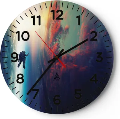 Produktbild von Wanduhr - Rund - Glasuhr - Kosmos Astronaut Planet - 40x40cm - Schleichendes Uhrwerk - Lautlos - zum Aufhängen bereit - Dekoration Modern - Wanddekoration aus Glas - C4AR40x40-5049