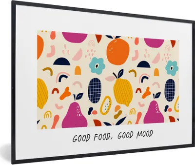 Produktbild von MuchoWow® Gerahmtes Poster Zitate - Sprichwörter - Gutes Essen, gute Laune - Essen 90x60 cm - Poster mit Schwarzem Bilderrahmen Wandposter Rahmen Foto Bilder - Fotorahmen - Foto-Plakat