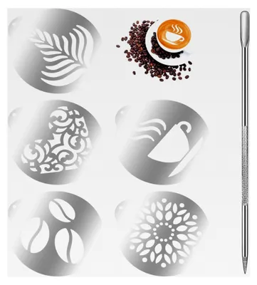 Produktbild von 6-teiliges Set für Latte Art, Kaffee-Schablonen und Metallstift für Cappuccino, heiße Schokolade und Kuchendekoration (Silber)