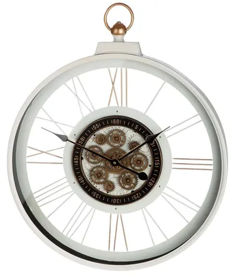 Wanduhr rund, Glas/Metall, Zahnradmotiv, 73x60 cm, weiß