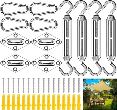Imagen del producto de Kit de fijación para toldos solares, de 44 piezas, fabricado en acero inoxidable 304, para toldos cuadrados y triangulares