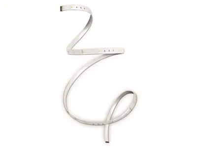 A silver LED strip is coiled and displayed against a white background.