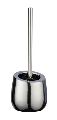 A silver toilet brush and holder set on a white background.
